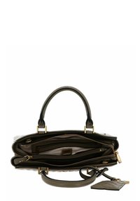 Borsa strutturata in pelle grigia con hardware dorato, dotata di due manici superiori, diversi scomparti con zip e un'etichetta rimovibile.