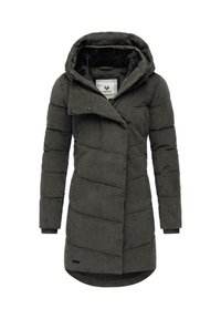 Mörkgrå puffjacka med texturerad yta, huva, asymmetrisk dragkedjestängning och två sidofickor. Fodrad insida med fleece.