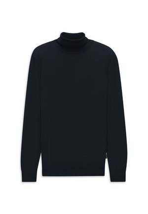 Schwarzer Rollkragenpullover mit langen Ärmeln, geripptem Kragen, Bündchen und Saum, auf weißem Hintergrund dargestellt.