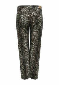 Pantalons à imprimé léopard en tissu lisse ; dotés d'une taille haute, de cinq poches et d'une coupe fuselée.