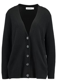 Svart cardigan tillverkad av mjukt tyg, med djup V-ringning, fem centrala knappar och ribbade ärmslut och nederkant för en avslappnad passform.