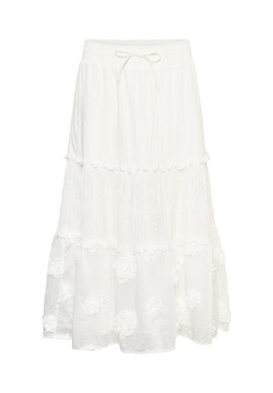 Fehér, réteges midi szoknya rugalmas derékpánttal, húzózsinórral és texturált virágos applikációs díszítésekkel az alsó rétegeken.