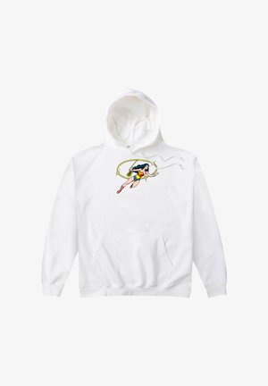 Biała bluza z kapturem z przednią kieszenią. Na przodzie haftowany motyw przedstawiający superbohaterkę z ciemnymi włosami oraz akcentami w kolorach czerwonym, niebieskim i żółtym.