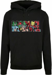 Sudadera negra con capucha que presenta un gráfico colorido de personajes de Marvel dentro de la palabra "MARVEL", sobre un fondo negro sólido.