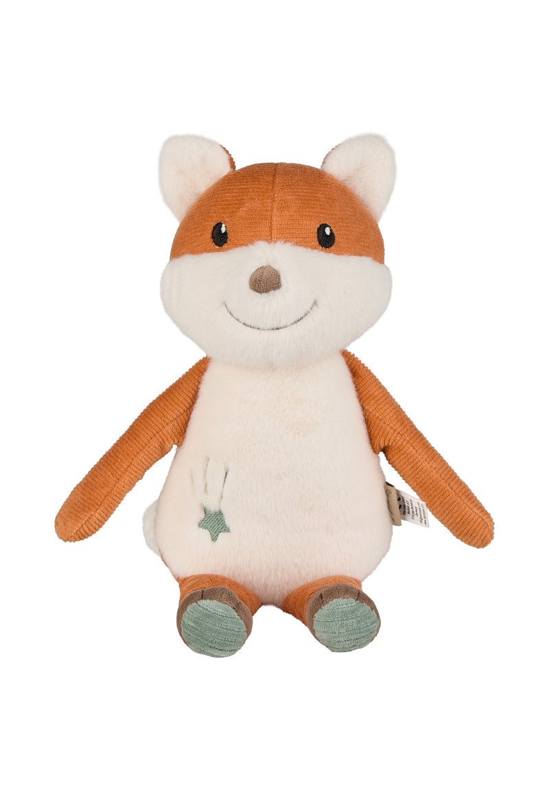 Soft plush fox toy with orange and white fabric, rounded shape, stitched facial features, and a green star accent on its belly.