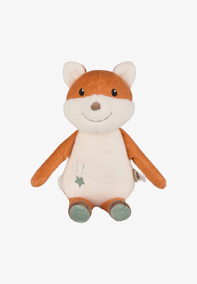 Soft plush fox toy with orange and white fabric, rounded shape, stitched facial features, and a green star accent on its belly.