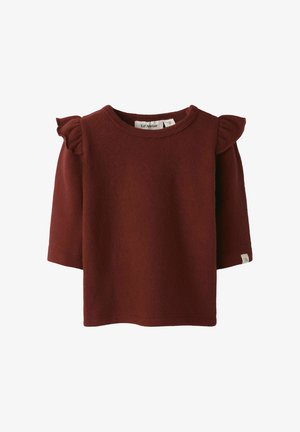 Maglione di pile bordeaux con maniche corte e dettagli arricciati sulle spalle. Collo rotondo e piccolo etichetta del marchio sul lato. Texture morbida.