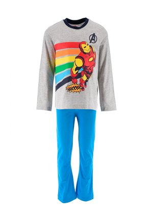 Kinderoutfit mit grauem Langarmshirt mit Iron Man und Regenbogenstreifen, kombiniert mit leuchtend blauen Hosen.