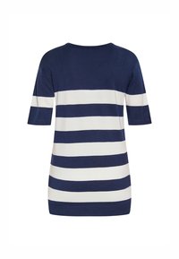 Marineblå og hvidstribet T-shirt med korte ærmer, rund halsudskæring og løs pasform. Textureret strikstof med jævne striber.