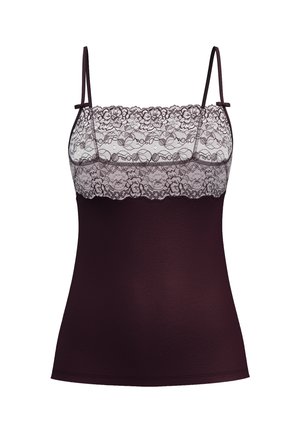 Bordeaux top met kantdetails bij de halslijn, dunne spaghetti banden en een glad, aansluitend lichaam. Het kant heeft bloemmotieven.