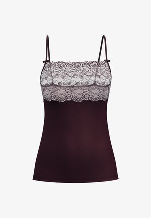 Burgundy camisole with lace detailing at the neckline, thin spaghetti straps, and a smooth, fitted body. Lace features floral patterns.
