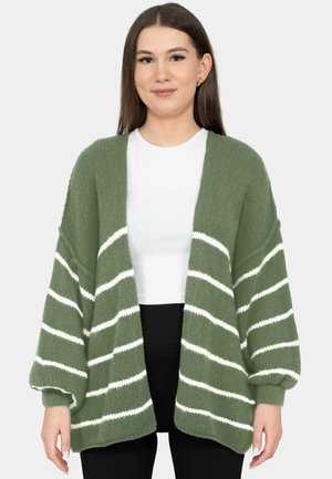 Junge Frau trägt eine grüne, übergroße Strickjacke mit weißen horizontalen Streifen, weißes Oberteil, schwarze Hose und goldene Ohrringe, steht vor weißem Hintergrund.