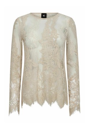 Top in pizzo beige con maniche lunghe, scollo rotondo, orlo smerlato e motivi floreali ovunque, realizzato con un tessuto semi-trasparente.