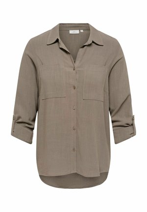 Taupekleurig overhemd met lange mouwen, twee borstzakken en opgerolde mouwen die vastzitten met knooplusjes.