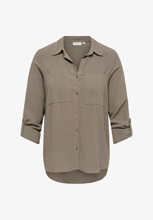 Langärmliges taupefarbenes Hemd mit durchgehender Knopfleiste, zwei Brusttaschen und aufkrempelbaren Ärmeln, die mit Knopfklappen fixiert werden.