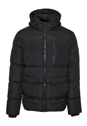 Schwarze gepolsterte Jacke mit Kapuze, Reißverschluss, zwei vorderen Taschen und einer kleinen Reißverschlusstasche auf der Brust. Glattes Material mit glänzender Oberfläche.