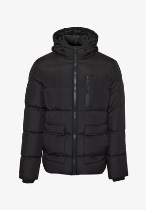 Schwarze gepolsterte Jacke mit Kapuze, Reißverschluss, zwei vorderen Taschen und einer kleinen Reißverschlusstasche auf der Brust. Glattes Material mit glänzender Oberfläche.
