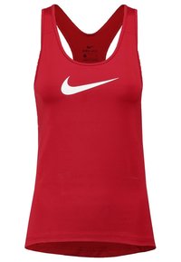 Red Nike Dri-FIT racerback tank top with white Nike swoosh logo centered on the chest.