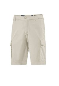 Shorts cargo beige realizzati in tessuto leggero, dotati di chiusura con bottone, vita elastica e tasche laterali su ciascuna gamba.