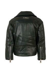 Giacca da moto in pelle nera con colletto, tasche con zip e dettagli in metallo argentato. Etichetta sul retro con la scritta "Richmond". Texture liscia.