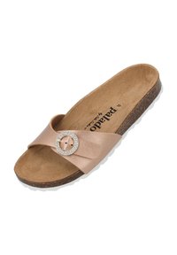 Bronzen synthetische slide-sandaal met gekruiste banden, versierd met een ronde strassgesp. Korktextuur zool voor comfort.