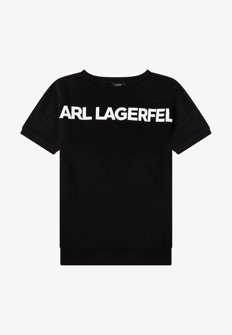 T-shirt nera a maniche corte con testo in grassetto bianco "KARL LAGERFELD" sul petto.