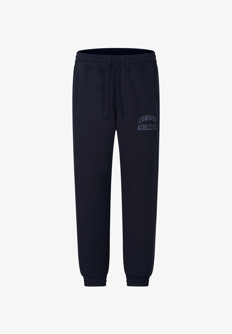 Navy Sweatpants mit einem elastischen Bund, verstellbarem Kordelzug, Seitentaschen und einem aufgedruckten "CORDON ATHLETIC"-Logo auf der Vorderseite.