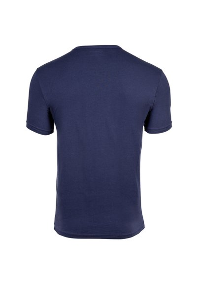 Mornarsko modra bombažna majica s krojem na vratu, kratkimi rokavi in gladko teksturo; ima zaobljen rob na hrbtu brez vidnih oblikovalskih podrobnosti.