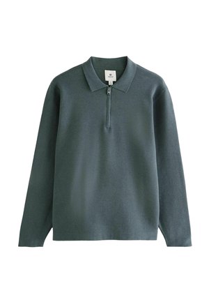 Dunkelgrüner Pullover mit Polokragen und halbem Reißverschluss. Aus weichem Stoff gefertigt, mit langen Ärmeln und einem lässigen Schnitt.