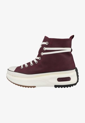 Burgundy high-top sneaker with white laces, round toe, rubber sole, and black textured accents. Features a logo on the heel.
