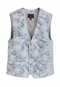 Lichte grijze bloemenprint vest, met blauwe en witte bloemen. De stof heeft een gladde textuur, met twee voorzakken en vijf knopen.