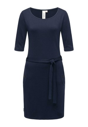 Abito azzurro navy a maniche corte realizzato in tessuto morbido, con scollatura rotonda, una cintura con fiocco in vita e due tasche laterali con bottoni.