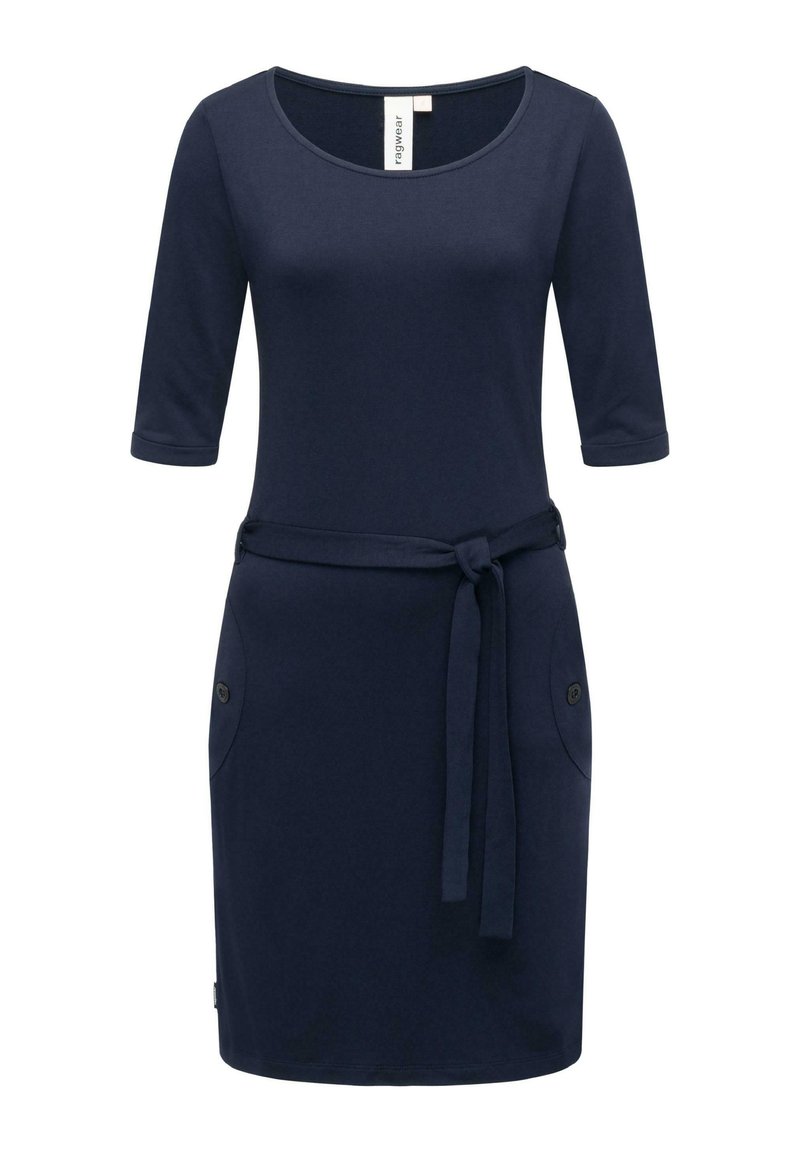 Robe courte à manches courtes bleu marine en tissu doux, avec un col rond, une ceinture à nouer à la taille et deux poches latérales avec des boutons.