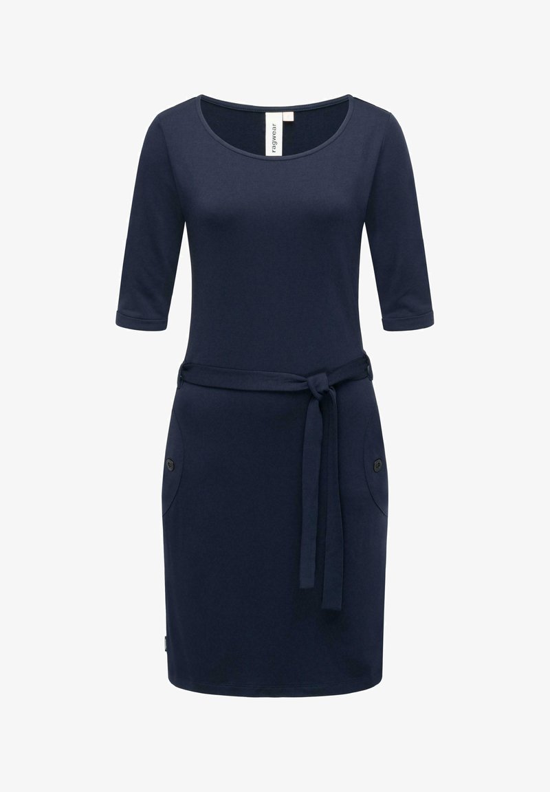 Granatowa sukienka z krótkim rękawem, wykonana z miękkiego materiału, z okrągłym dekoltem, paskiem do przewiązania w talii oraz dwoma bocznymi kieszeniami z guzikami.