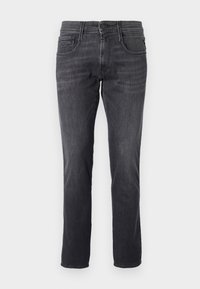 Jeans gri închis din denim, cu un design clasic cu cinci buzunare, tăietură dreaptă și închidere cu buton metalic la talie.