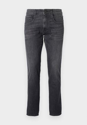 Jeans grigio scuro realizzati in denim, con un classico design a cinque tasche, taglio dritto e chiusura con bottone in metallo in vita.