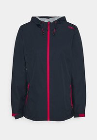 Veste légère bleu marine avec fermeture éclair à l'avant, accents roses, une capuche et deux poches latérales. Texture lisse et coupe athlétique.