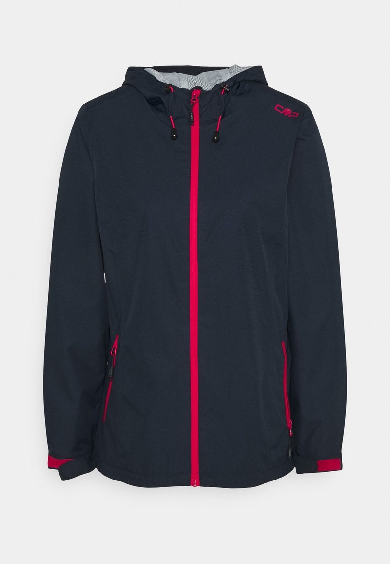 Veste légère bleu marine avec fermeture éclair à l'avant, accents roses, une capuche et deux poches latérales. Texture lisse et coupe athlétique.