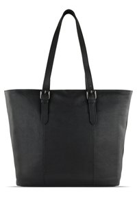 Sac fourre-tout en cuir noir avec une texture lisse, deux longues anses et des coutures minimales, présentant une forme rectangulaire structurée.