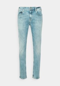 Svetle modré džíny z denimu se slim fit střihem, pěticípým designem, zapínáním na knoflíky a jemným odřením pro opotřebovaný vzhled.