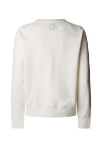 Witte sweatshirt met een geribbelde halslijn en mouwen, voorzien van een groene geborduurde zonontwerp op de bovenrug. Zacht, textuurstof.