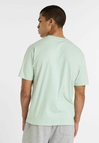 T-shirt in cotone verde menta con colletto tondo e maniche corte, mostrato da dietro, caratterizzato da una vestibilità comoda e una superficie liscia.