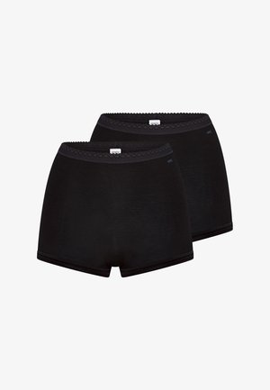 Two pairs of black cotton boxer shorts with a lace trim at the waistband, featuring a logo on the front, smooth texture, and elastic edges.