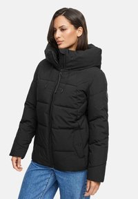 Black puffer jacket with a high collar and zipper front closure. Features side pockets, quilted texture, and elastic drawstring at the hood.