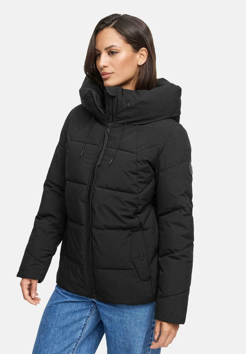 Black puffer jacket with a high collar and zipper front closure. Features side pockets, quilted texture, and elastic drawstring at the hood.