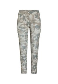 Pantaloni camouflage in tonalità di beige e grigio. Presentano un design aderente, tasche e una texture liscia. Vita a media altezza con chiusura a bottone.
