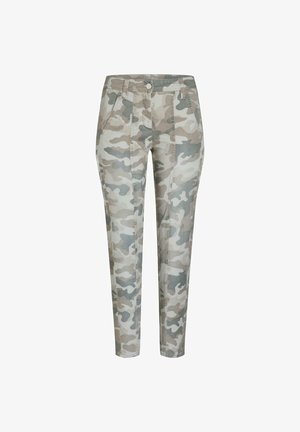 Camo print trousers in shades of beige and gray. Features a fitted design, pockets, and a smooth texture. Mid-rise waist with a button closure.