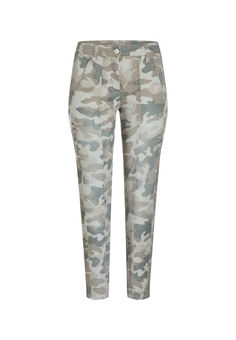 Pantaloni camouflage in tonalità di beige e grigio. Presentano un design aderente, tasche e una texture liscia. Vita a media altezza con chiusura a bottone.