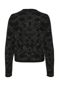 Zwarte trui met een getextureerd, glinsterend patroon. Ronde hals, lange mouwen, met een aansluitende snit en cropped design.