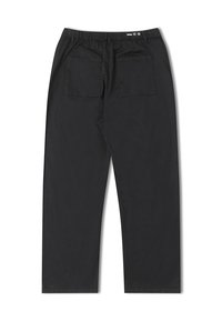 Black pants with an elastic waistband, two back pockets, straight-leg design, and smooth texture. No visible patterns or accents.